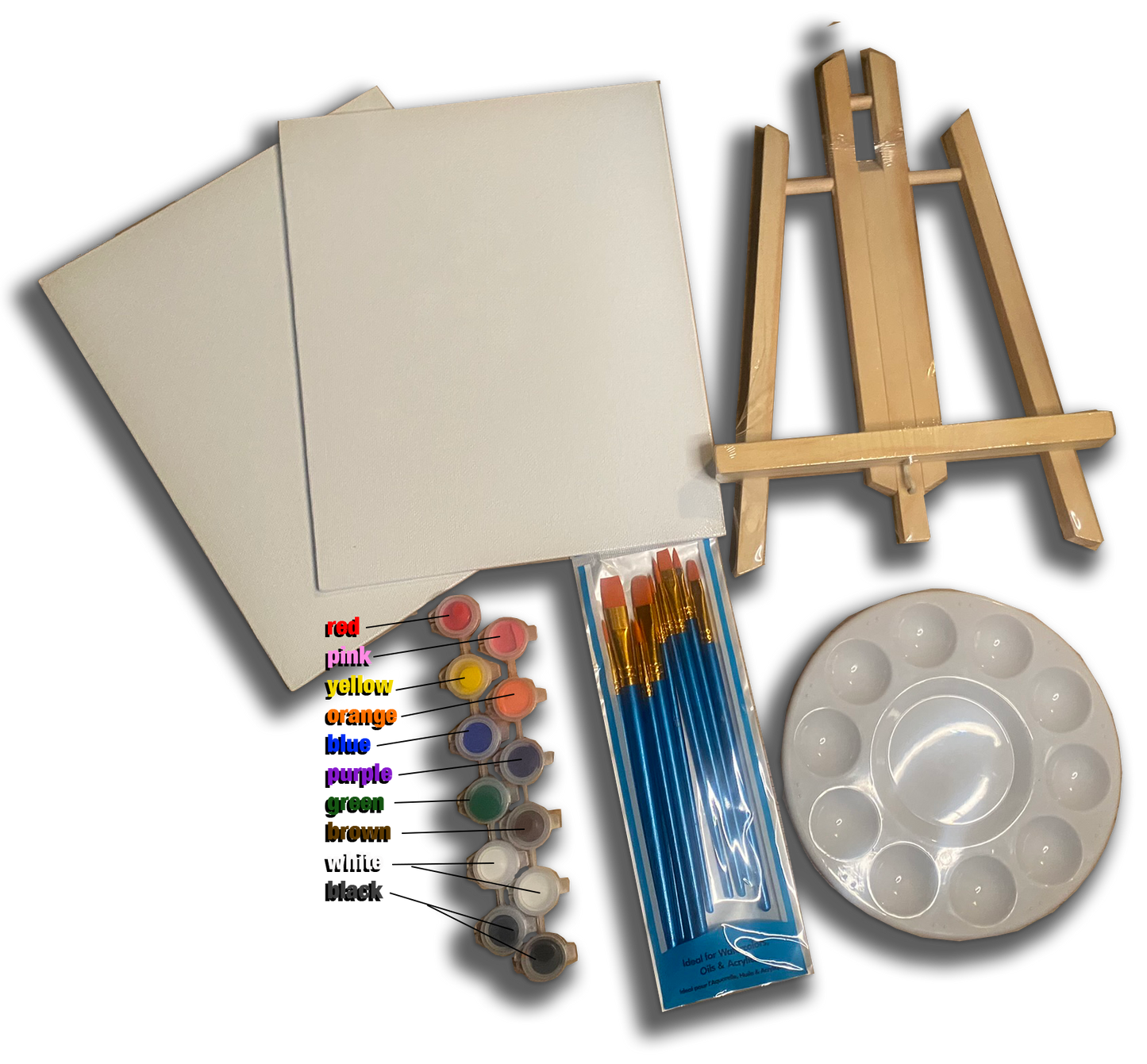 Art Kits
Starter studio kit includes 2 canvas boards easel palette 10 piece brush set acrylic paint colors blending sponge and free ticket to online art class