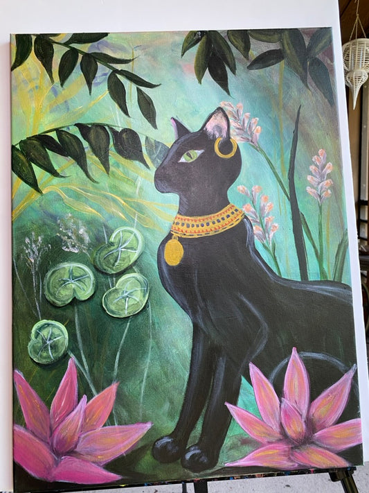 Egyptian Art Black Art Black Cat Painting Bastet goddess of fertility and protection lots painting acrylic on canvas by artist Ashley Mullen