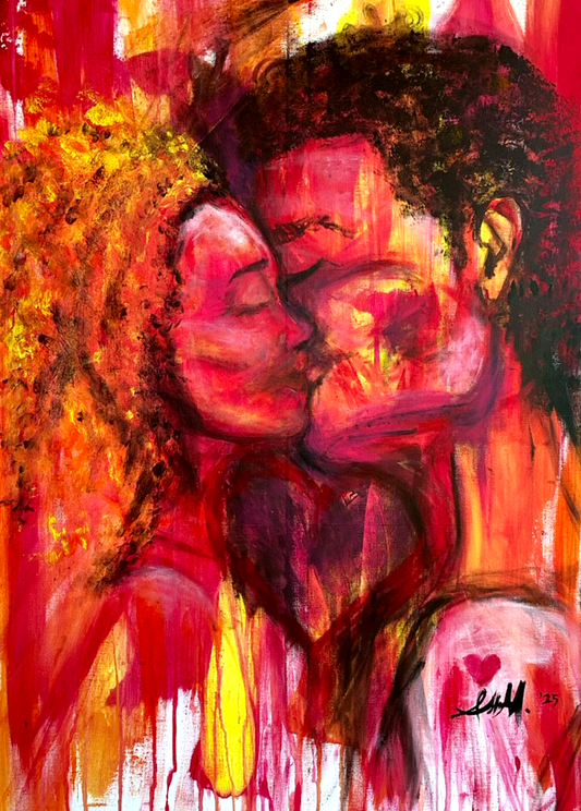 two lovers kissing painting black art contemporary art abstract realism art acrylic on canvas by artist Ashley Mullen painted live in front of an audience. live painting at Savage Labs Wynwood Miami Fl Valentines day painting