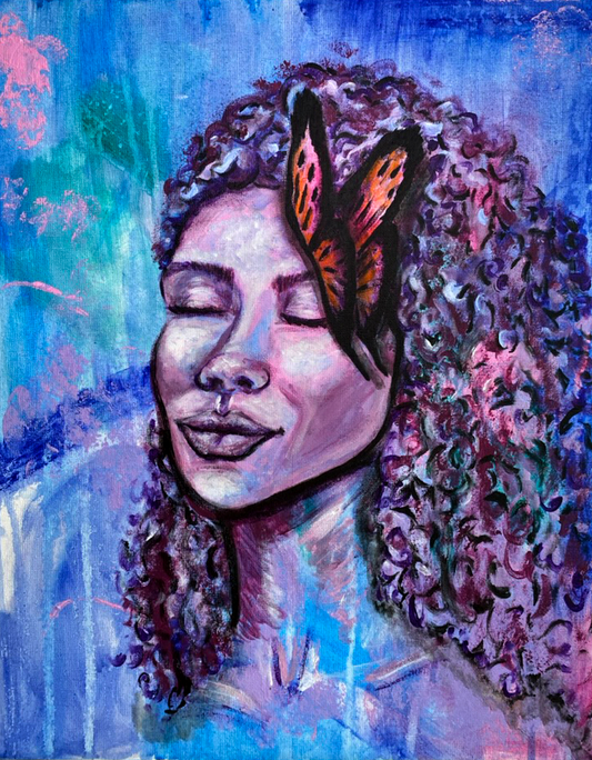 Black women art butterfly art ethereal realism art abstract expressionist realism acrylic painting on canvas by artist Ashley Mullen
