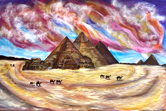 pyramids at giza painting acrylic on canvas by artist Ashley Mullen camels pyramids cotton candy sky sunset paintings art black egyptian art kemetic art