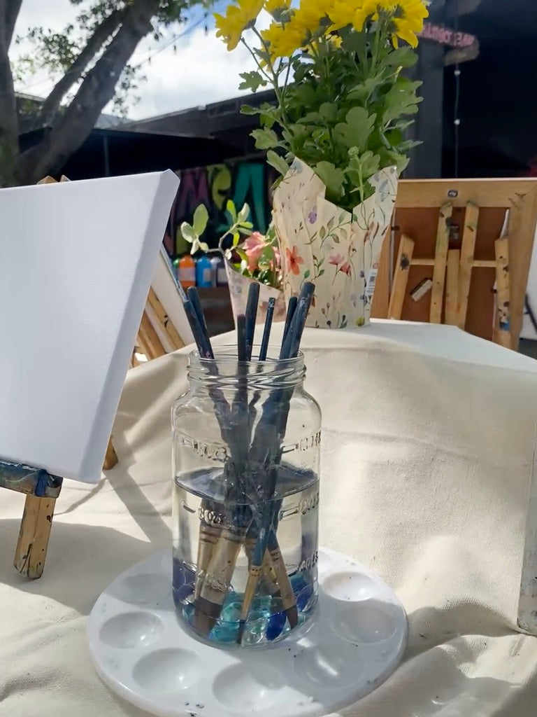 Art Classes weekly for all ages online art classes in person art classes. Classy art events miami florida. learn to paint with acrylics. sip and paint set up ideas easel canvas brushes pallette flowers diy