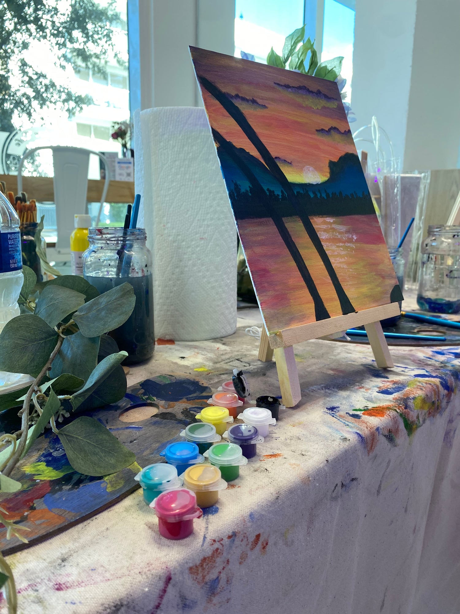 Acrylic painting Great Smoky Mountains art workshop set up art supplies, sip and paint