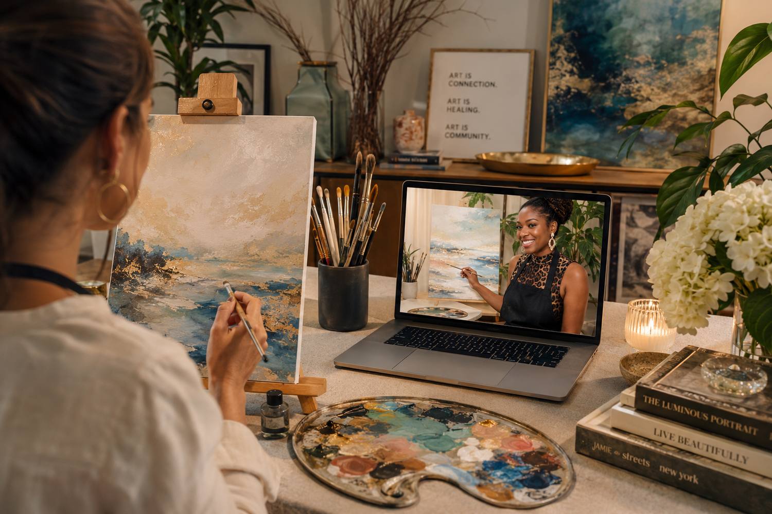 woman painting along with an online class let by Ashley Mullen with artwork and modern decor in background