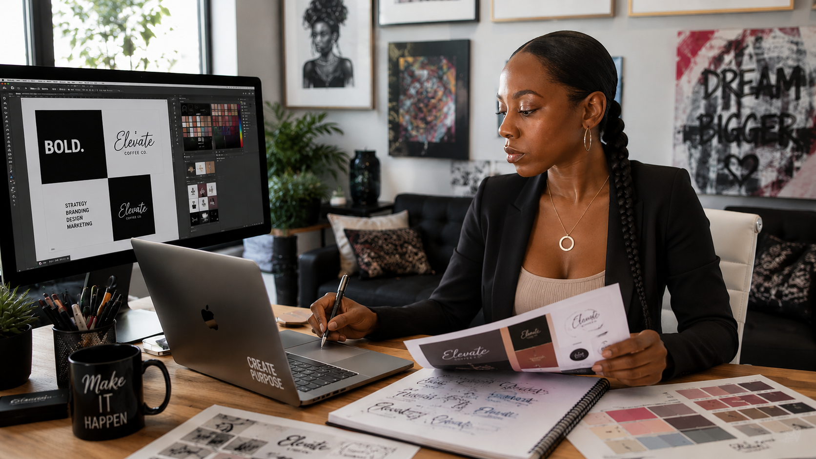A woman sits at a desk in a styled office or studio setting, working on a laptop and reviewing printed design samples and color swatches. A computer monitor, mug, framed wall art, and furniture are visible in the background.