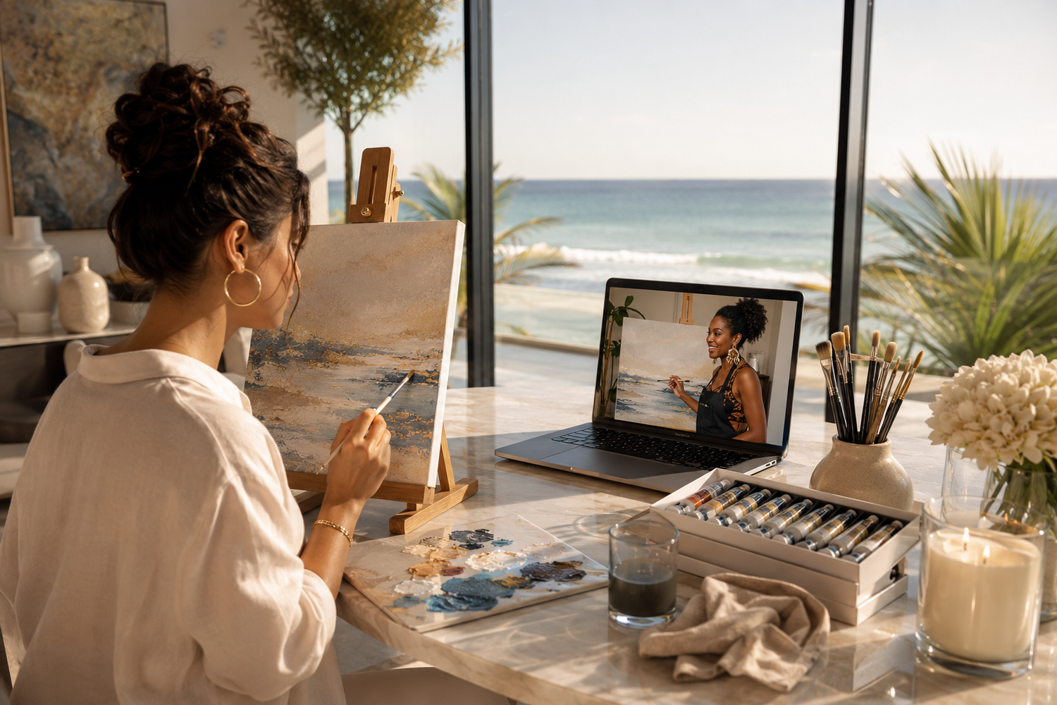 Woman painting with a laptop open showing a video call with another person in a bright room with ocean view.