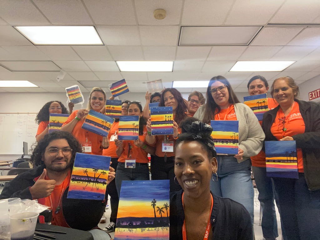 Acrylic Paintint ARt Workshop for teachers professional development Art Classes for all ages. brushes easels art supplies and art kits. Art workshop group with sunset painting palm trees miami