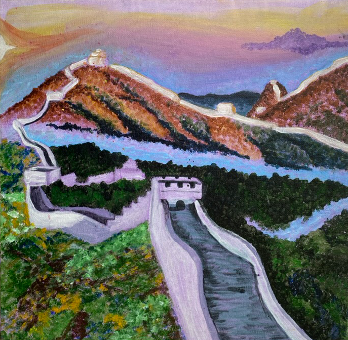 Great Wall of China Painting cotton candy sky painting acrylic on canvas by artist Ashley Mullen in pointilism impressionist style.