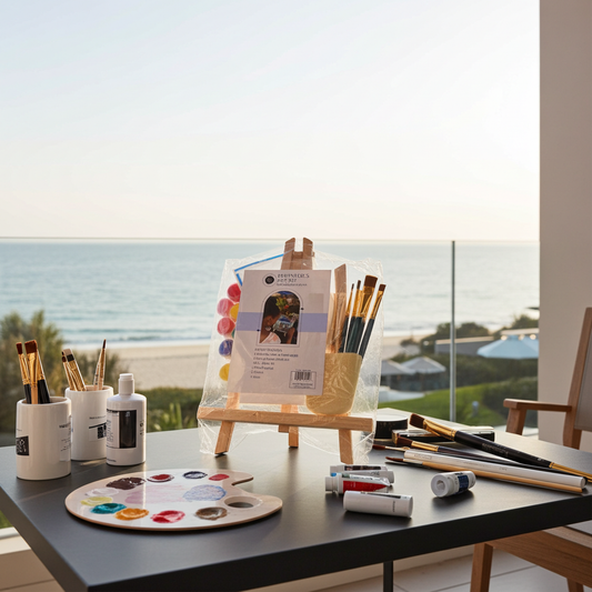 Art supplies for acrylic painting on a table by the beach