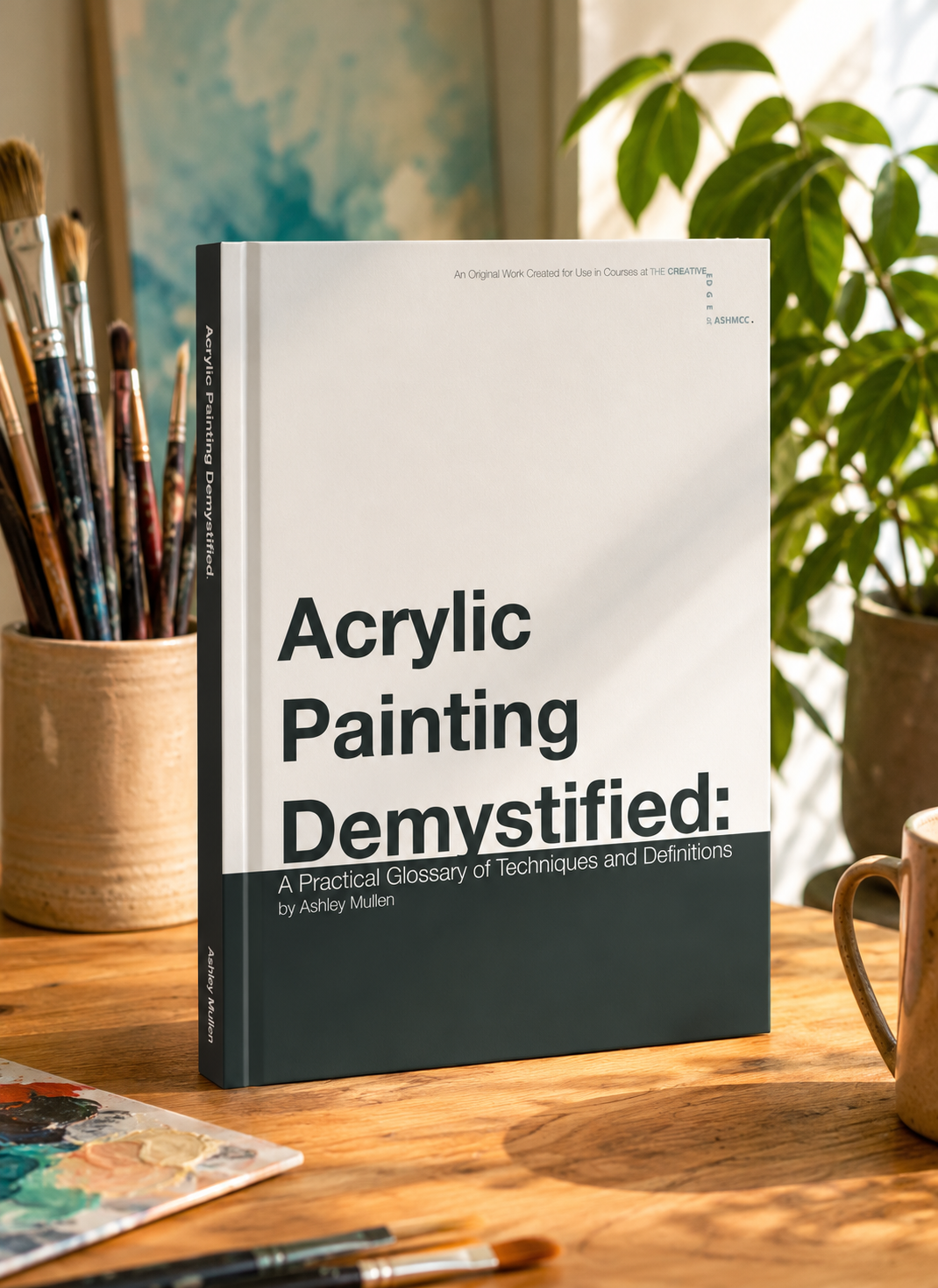 hard cover book sites on wooden desk with paint brushes and money tree in the background