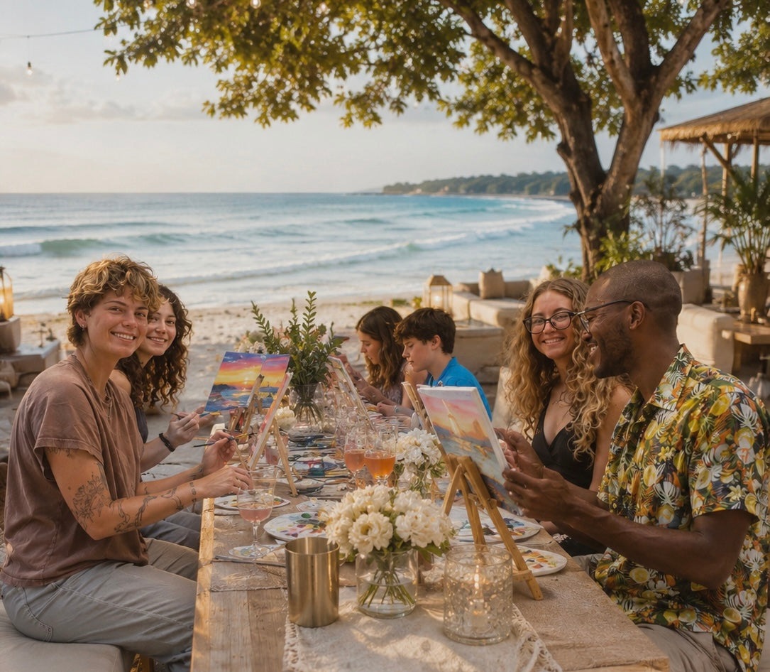 Group of people sitting at a table by the ocean, enjoying a meal together.