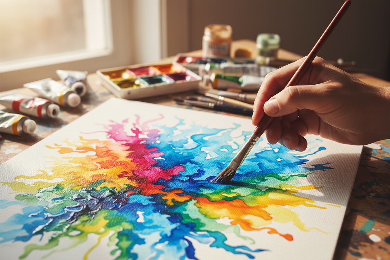 A close-up of a hand holding a paintbrush and applying blue paint to a canvas featuring a vibrant, multicolored abstract watercolor design. Art supplies, including paint tubes and a watercolor palette, are visible in a warm, sunlit studio setting.
